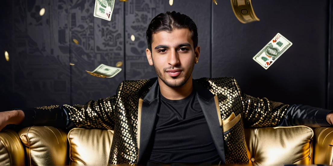 Arab-looking guy sits on a sofa with dollar bills flying around him